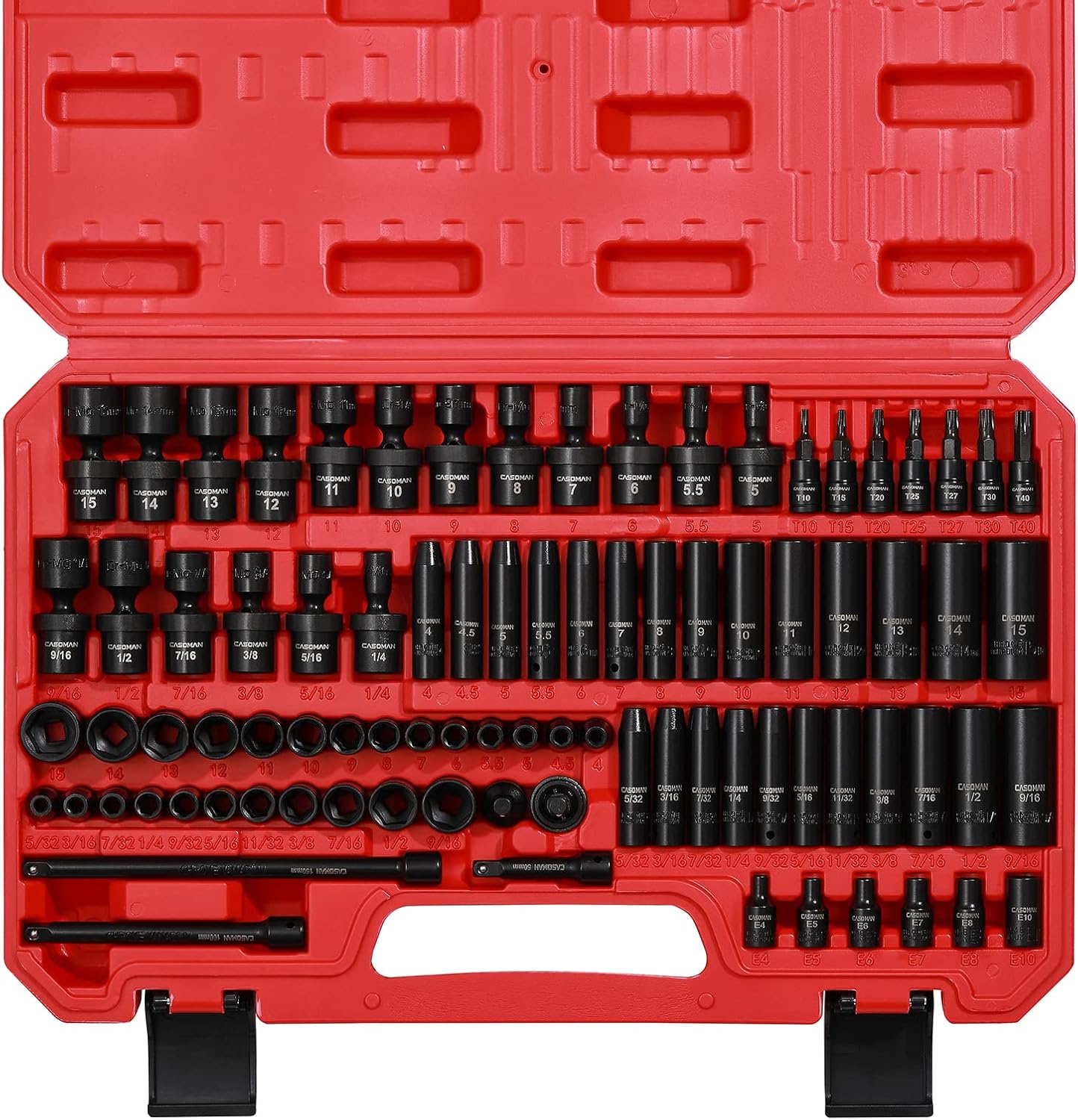 CASOMAN 1/4 Inch Drive Master Impact Socket Set with Adapters, U-Joint, Extensions & Torx Socket, 86-Piece, 6-Point, SAE/Metric, Standard/Deep, CR-V