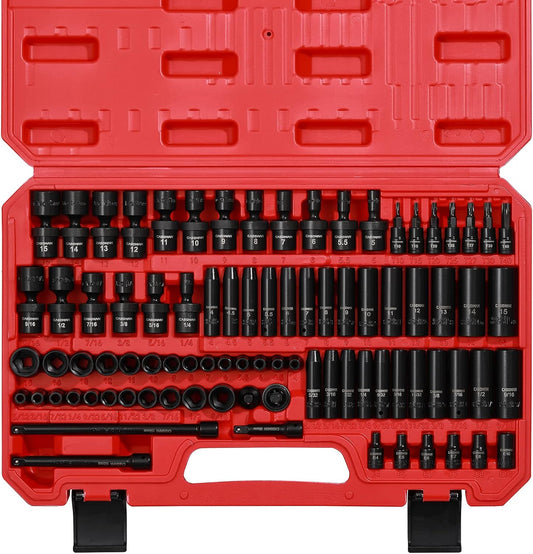 CASOMAN 1/4 Inch Drive Master Impact Socket Set with Adapters, U-Joint, Extensions & Torx Socket, 86-Piece, 6-Point, SAE/Metric, Standard/Deep, CR-V