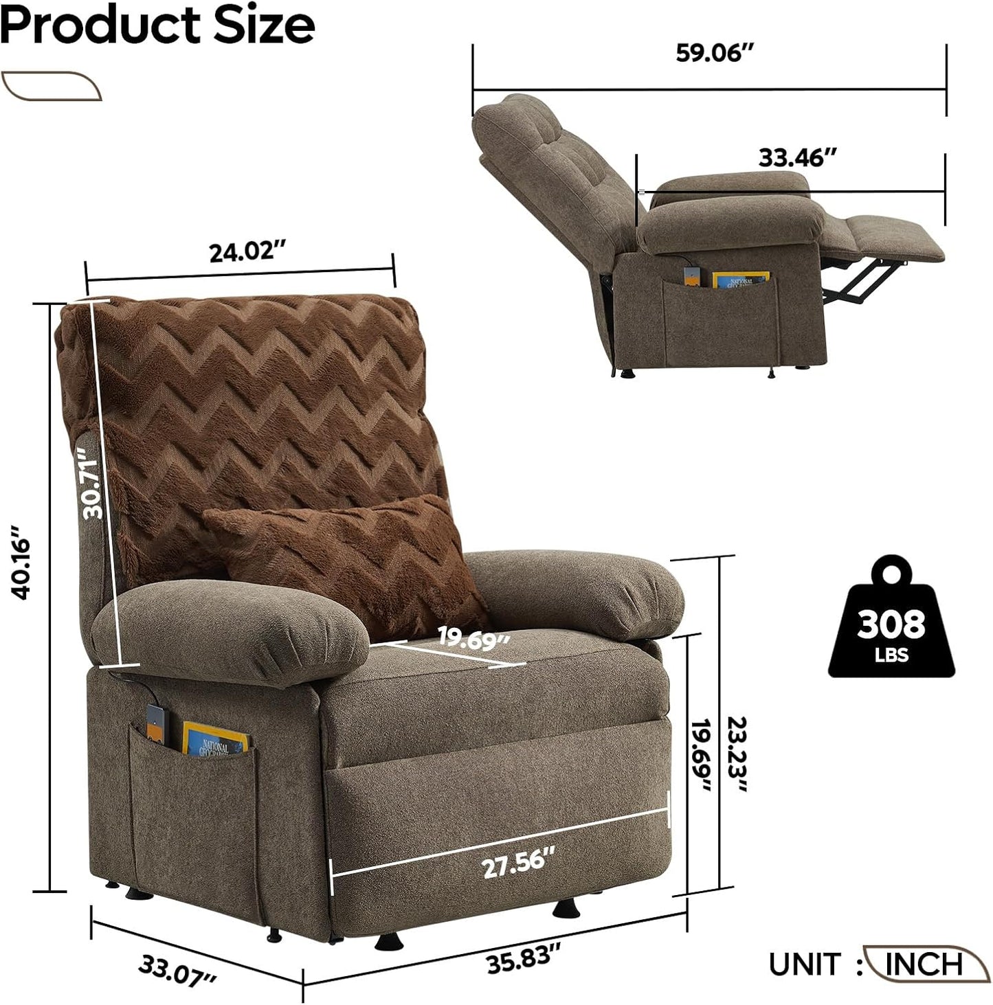 Bestier Triple Motor Power Lift Recliner Chair for Elderly Small with Removable Cover, Lumbar Pillow and Side Pocket, Infinite Positioning for Living Room, Bedroom, Brown