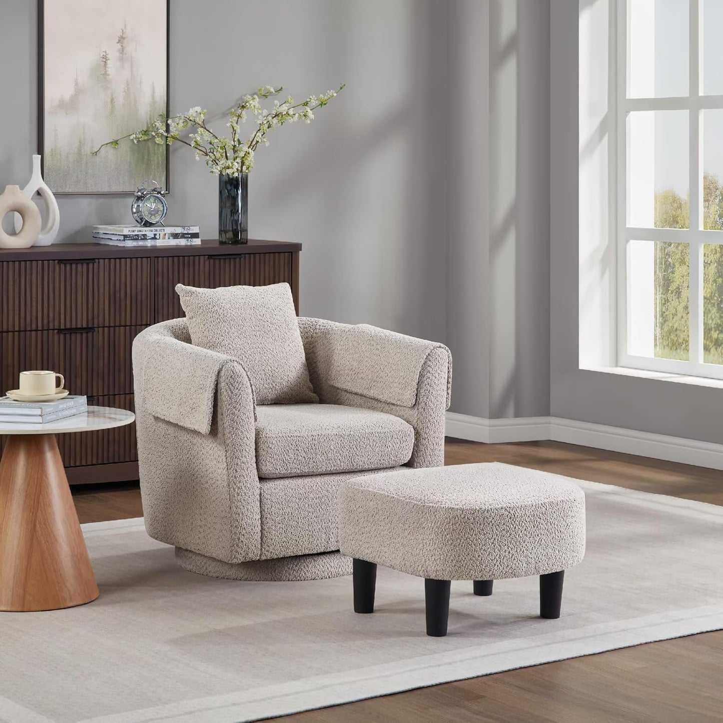 COMHOMA Swivel Accent Chair with Ottoman Set,Modern Chenille Barrel Armchair with Removable Back Pillow&2 Armrest Covers for Living Room,Bedroom,Office,Brown