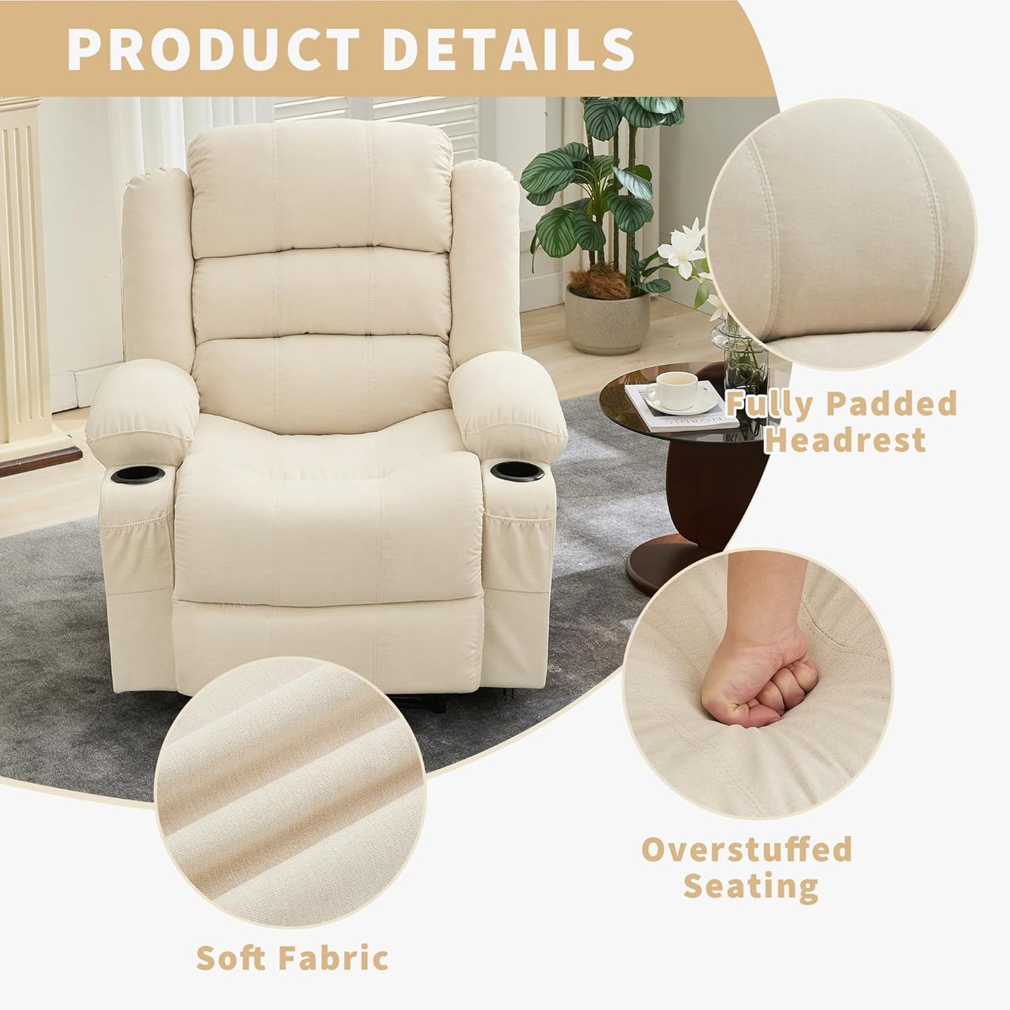 Wide Manual Recliner Chair for Adults – Widen Oversize Overstuffed Breathable Fabric Lounge Chair with 3 Angle Modes 2 Cup Holders Side Pockets