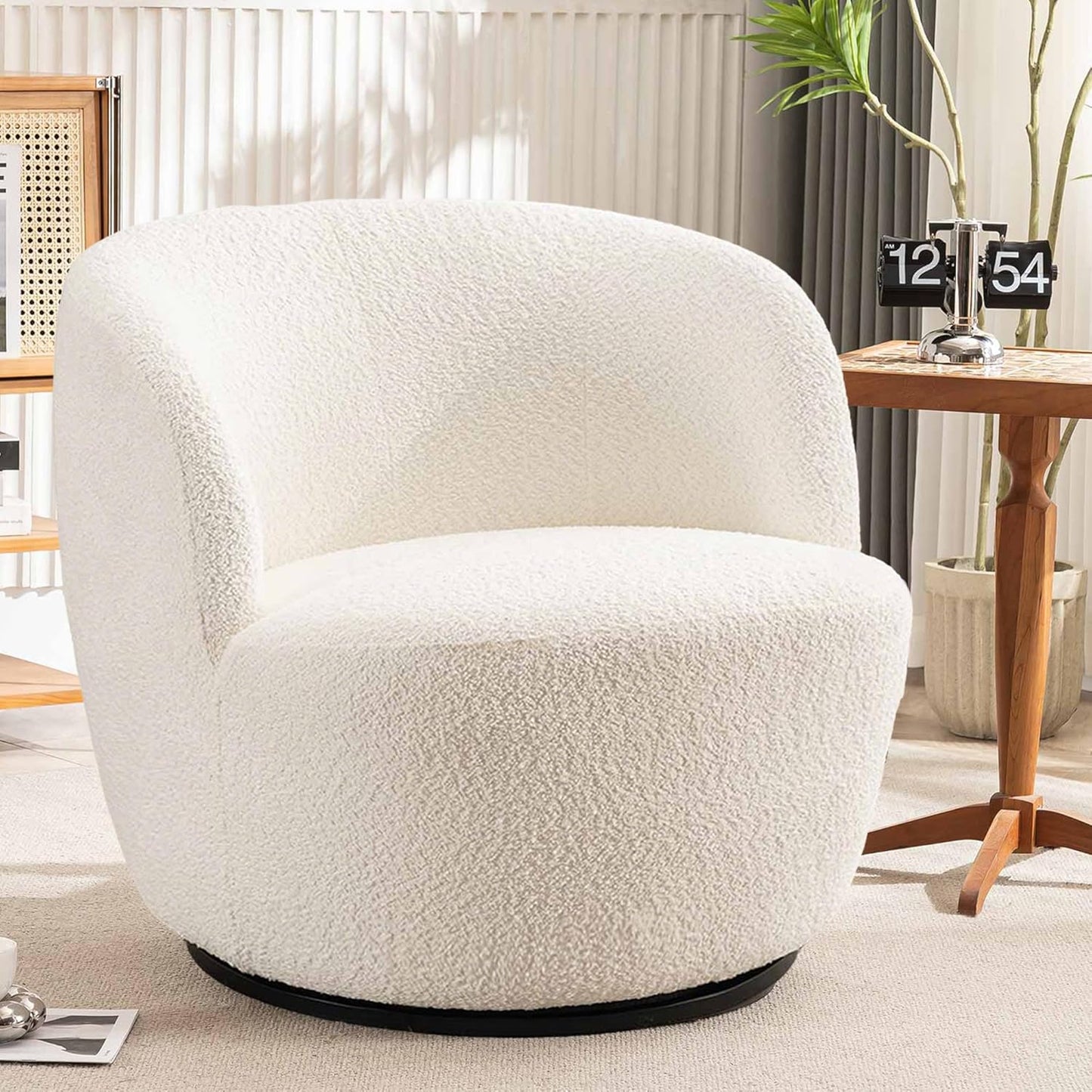 Rowill 30" Wide Swivel Barrel Accent Chair, Modern Upholstered Round Chairs with Curved Back and Soft Cushion, Boucle Fabric Padded Armchair Single Sofa for Living Room, Bedroom, Reading Room, Beige
