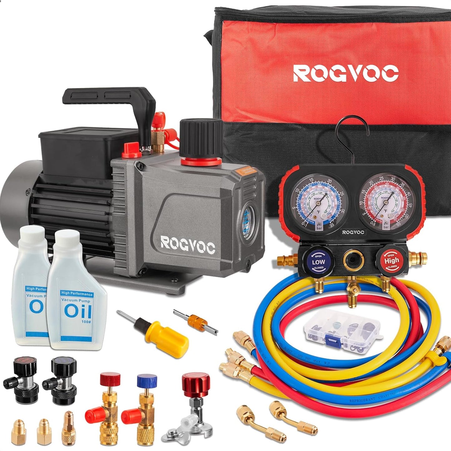 3.5 CFM AC Vacuum Pump and Manifold Gauge Set, 110V 1/4 HP Single Stage Rotary Vane Air Vacuum Pump HVAC for R12, R22, R410a, R134a AC Refrigerant Recharging with Carry Bag