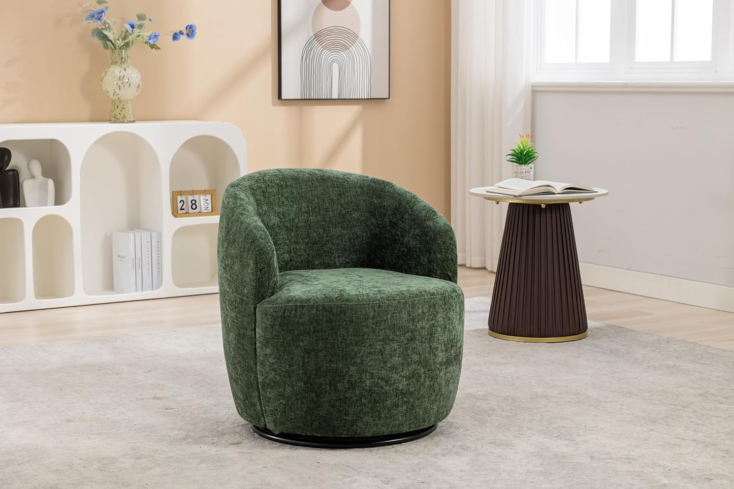 360 Degree Swivel Accent Chairs Living Room Chair, Chenille Fabric Lounge Chair Comfy Armchair Barrel Chair with Wide Upholstered for Bedroom, Reading Room, Office, Waiting Rooms, Green