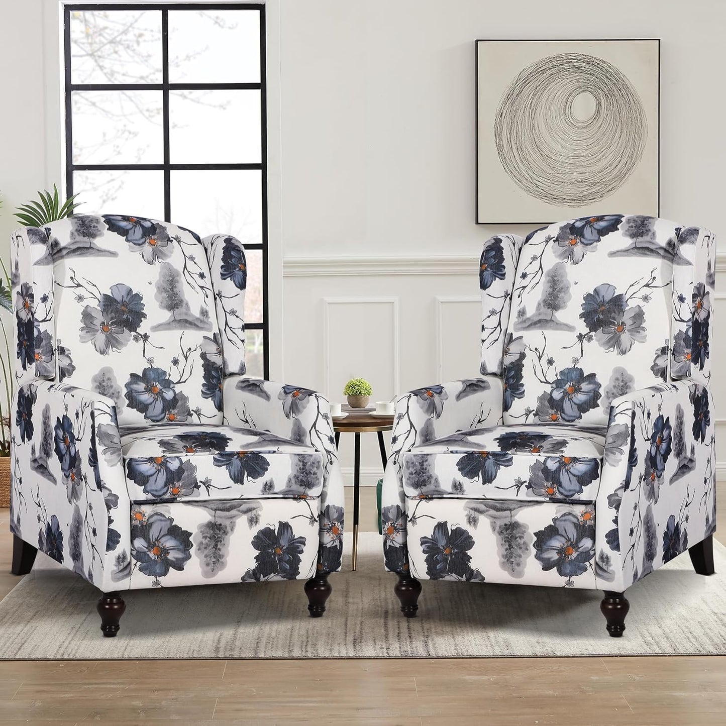 Set of 2 Wingback Recliner Chairs, Mid-Century Modern Push-Back Manual Recliners for Adults, Upholstered Floral Accent Chairs with Solid Wood Legs for Living Room & Bedroom, Blue