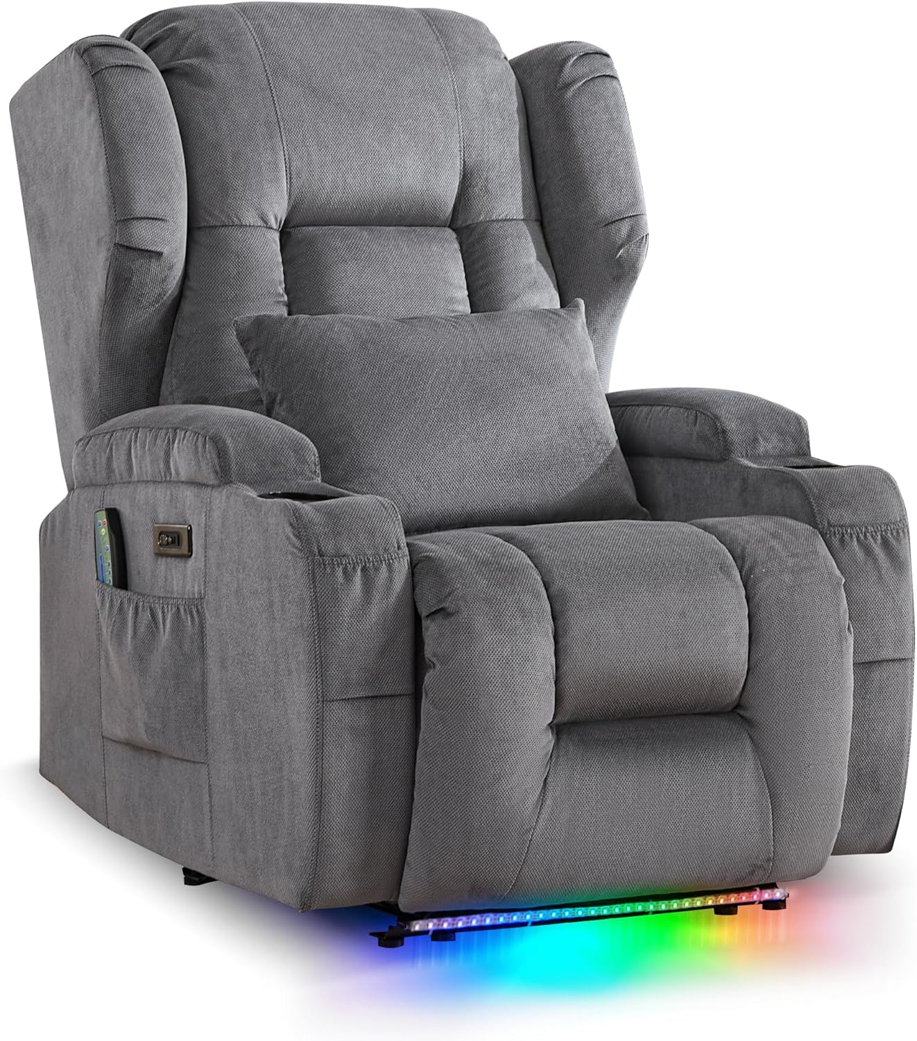 URRED Recliner Chair for Adults, Power Reclining Sofa Chair Home Theater Seating with Vibration Massage and Heat, LED Ambient Light, USB Ports, Cup Holders, Side Pockets (Black)