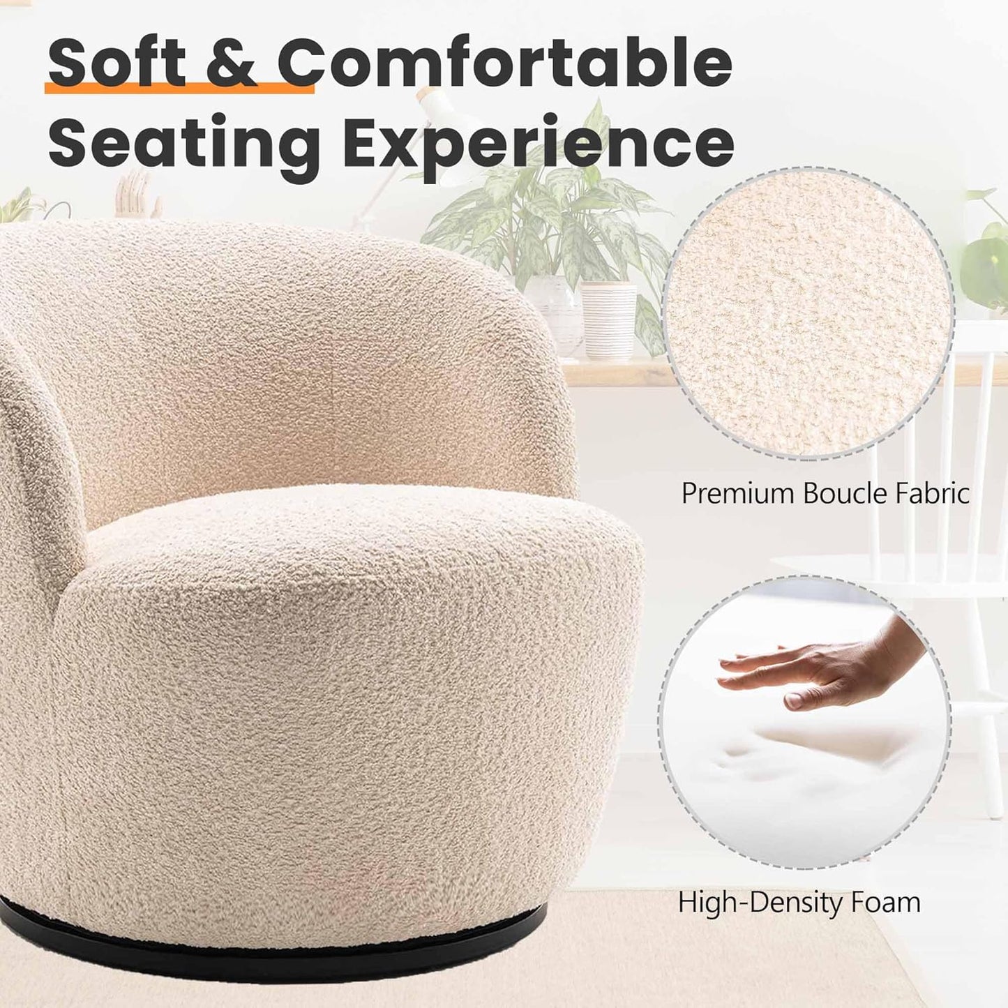 Rowill 30" Wide Swivel Barrel Accent Chair, Modern Upholstered Round Chairs with Curved Back and Soft Cushion, Boucle Fabric Padded Armchair Single Sofa for Living Room, Bedroom, Reading Room, Beige
