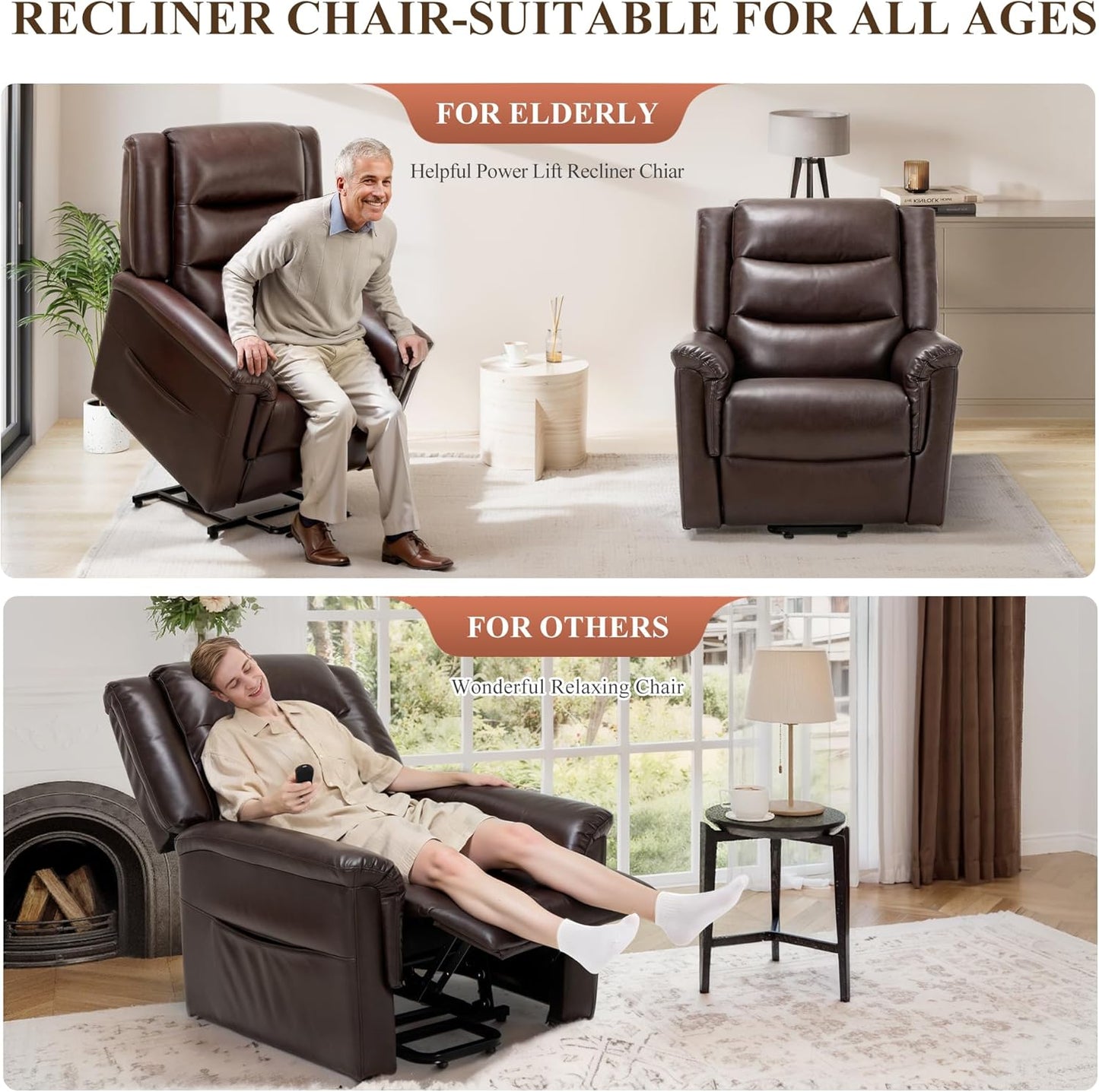 COLAMY PU Leather Power Lift Chair with Massage and Heat,Electric Lift Recliner Chair with Thick Cushioned Padding Backrest for Living Room, Office, Bedroom （Darkbrown）