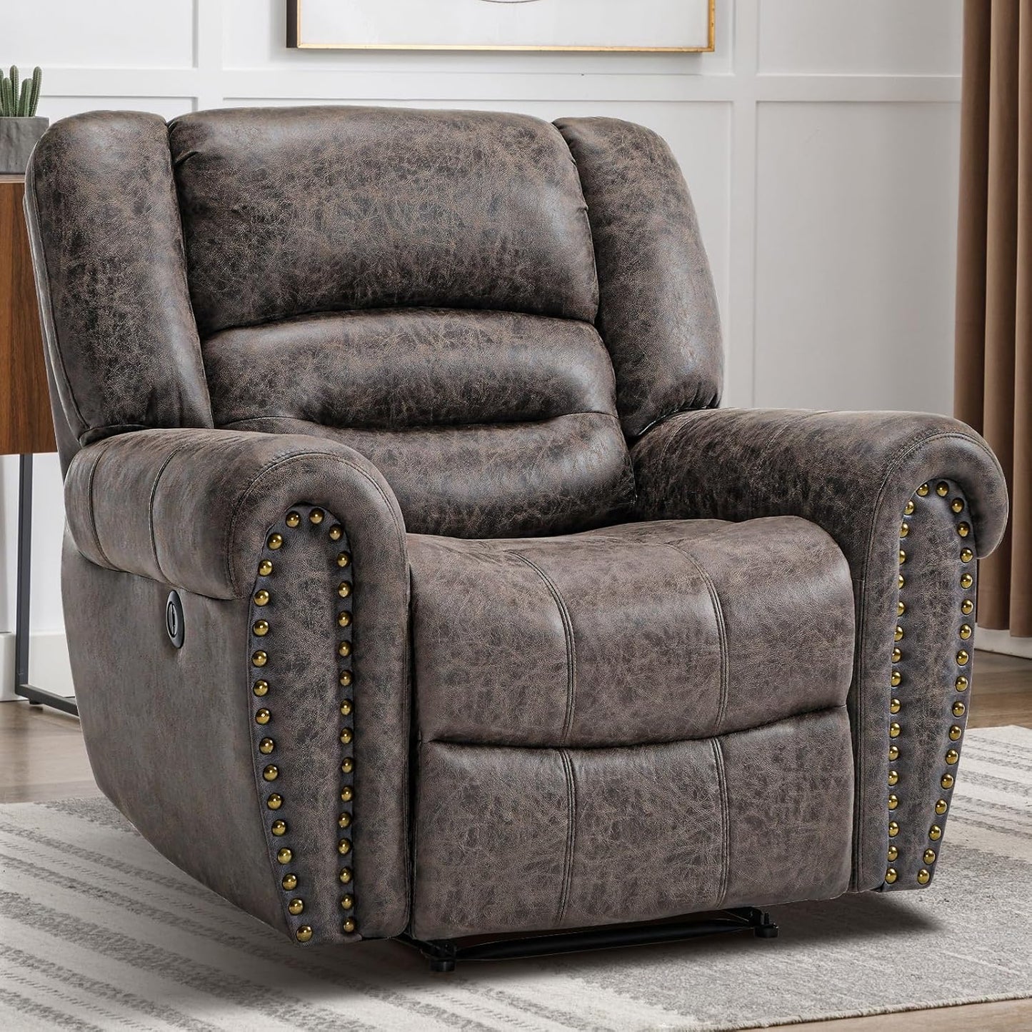 CANMOV Power Recliner Chair,Faux Leather Electric Recliner Chair with Padded Arms and Adjustable Backrest,Single Sofa with USB Charger for Living Room,Nut Brown