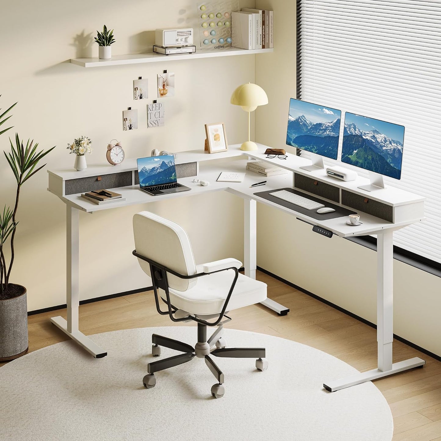 SANODESK 71" L Shaped Standing Desk with 4 Drawers, Height Adjustable Stand up Desk, Corner Gaming Desk with Monitor Stand, White Frame/White Top