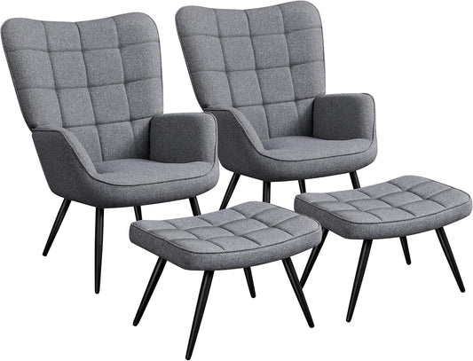 Topeakmart Accent Chair with Ottoman Set, Upholstered Living Room Chair Fabric Arm Chair with Foot Rest Sofa Chair and Ottoman Set for Living Room Bedroom Office, Grey, 2pcs