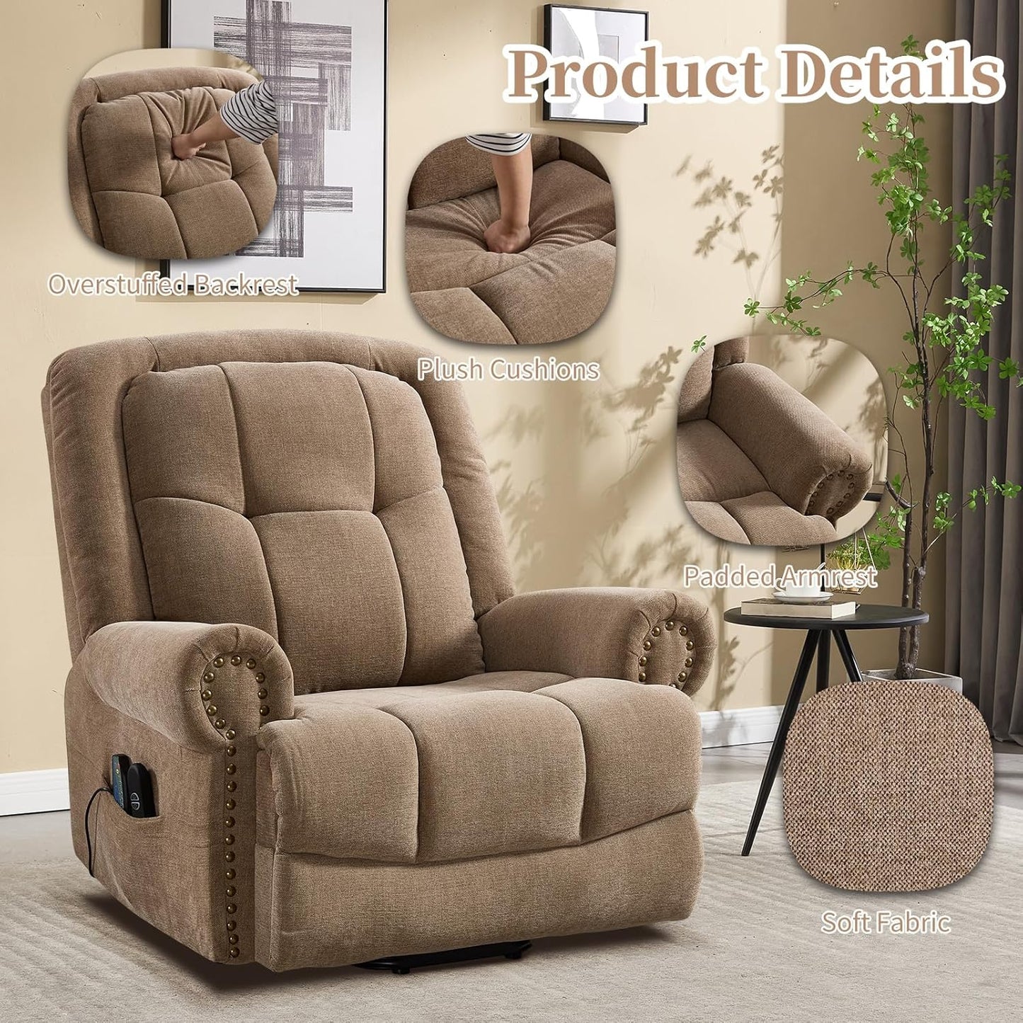 CANMOV 46" Wide Power Lift Recliner Chair for Elderly, Extra Large Electric Recliner, with Massage and Heat, Antiskid Fabric Recliner, USB Charger & Side Pockets, for Living Room, Brown