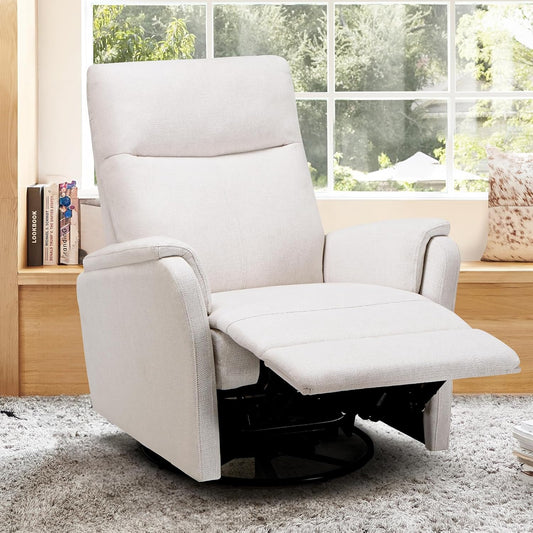 Swivel Rocking Recliner Glider Chair, Upholstered Fabric Reclining Rocker Chair with Footrest for Nursery, Living Room, Bedroom-White