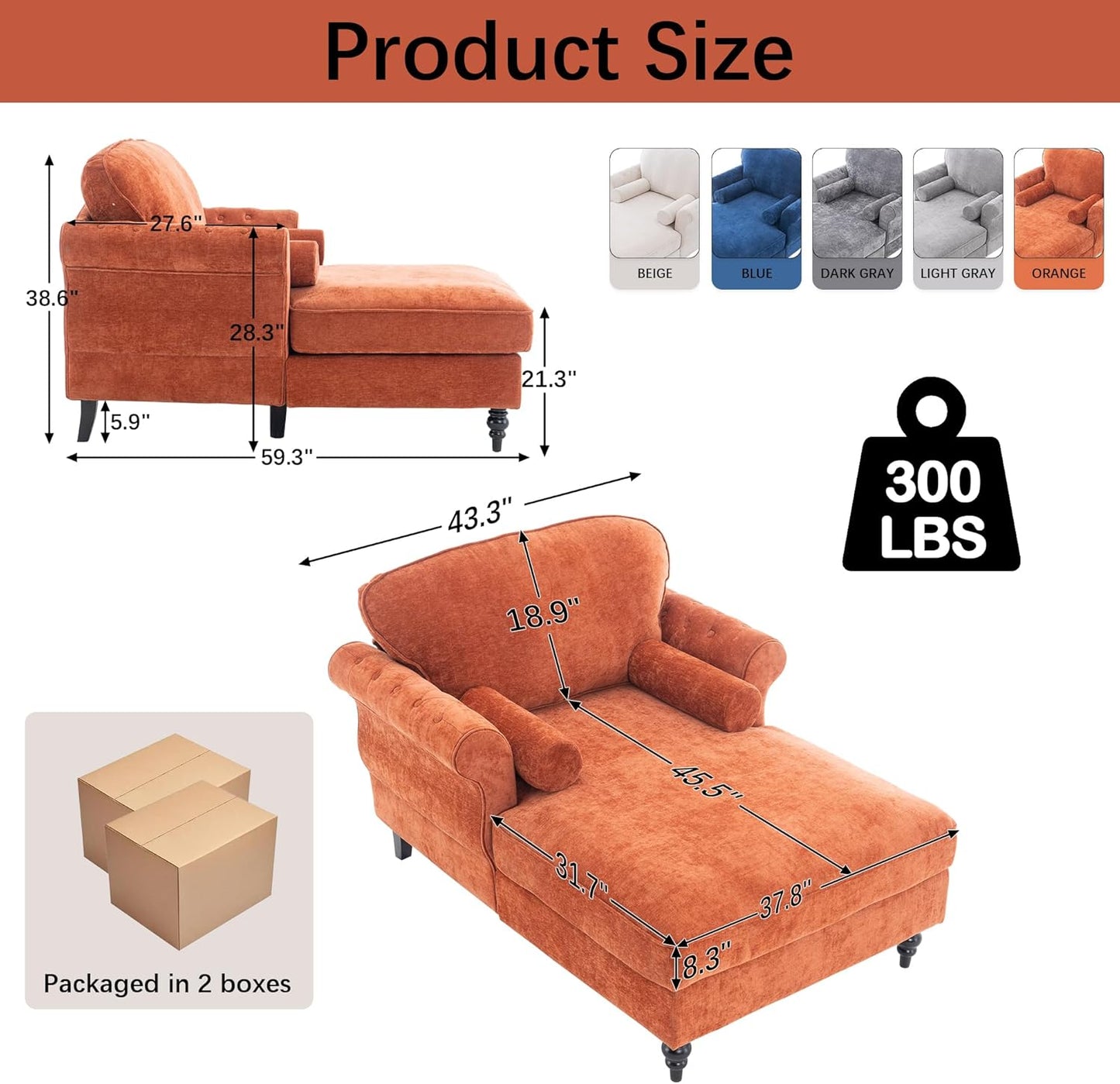 Chaise Lounge Chair Indoor with 2 Pillows, Leisure Upholstered Sofa Recliner, Chenille Single Chair for Living Room, Bedroom, Office (Orange)