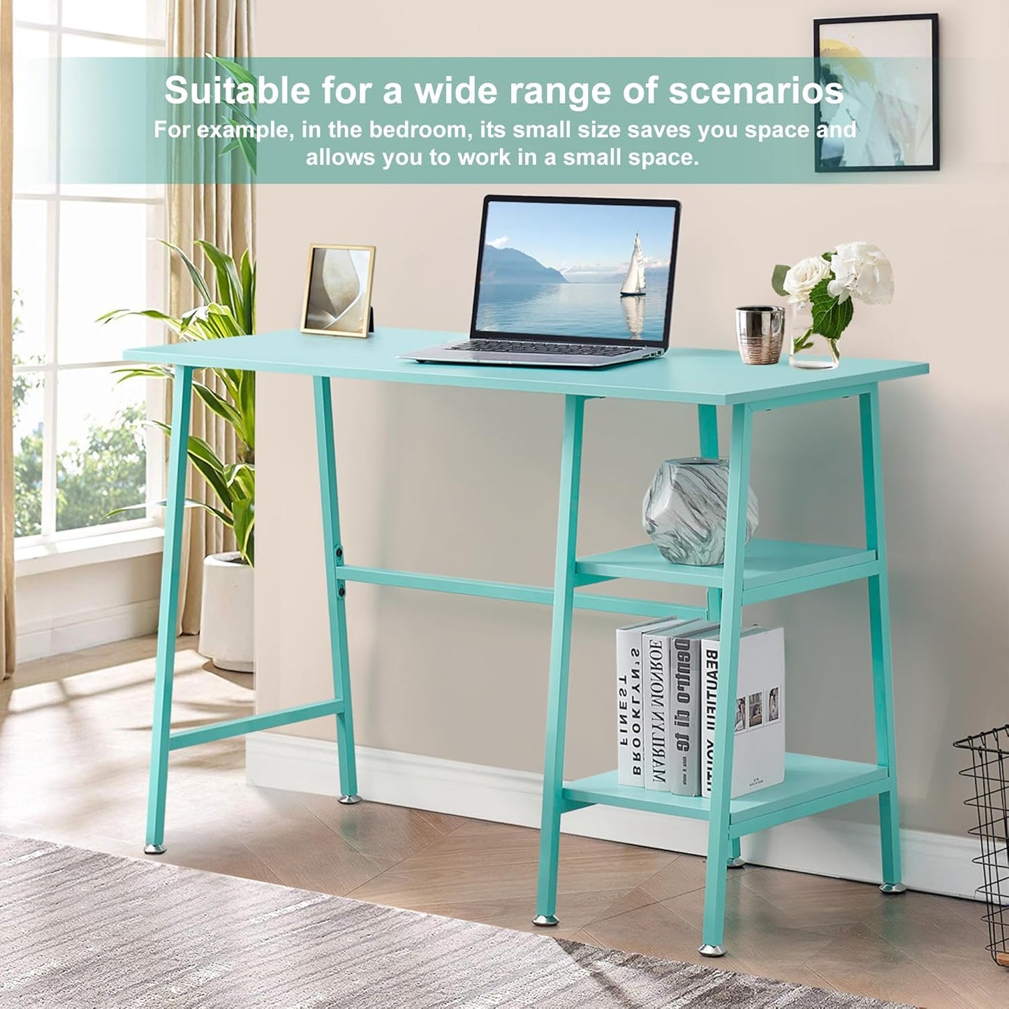 VECELO 43 Inch Computer Home Office Desks, Writing Desk Home Office with 2 Tier Storage Shelves，Adjustable Feet/Waterproof,Simple Workstation, Blue Desk