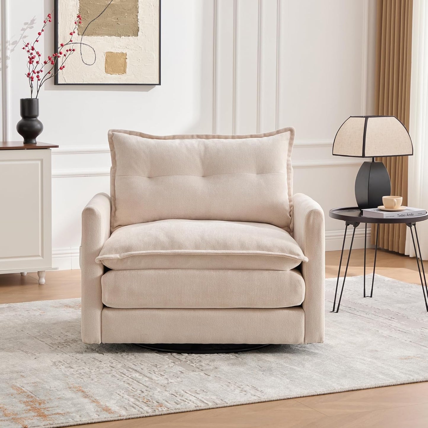 Swivel Accent Chair, 360° Rotating Square Arm Chair, Modern Accent Chair with Solid Metal Base, Chenille Comfy Upholstered Single Sofa for Living Room Bedroom Office (Gray)