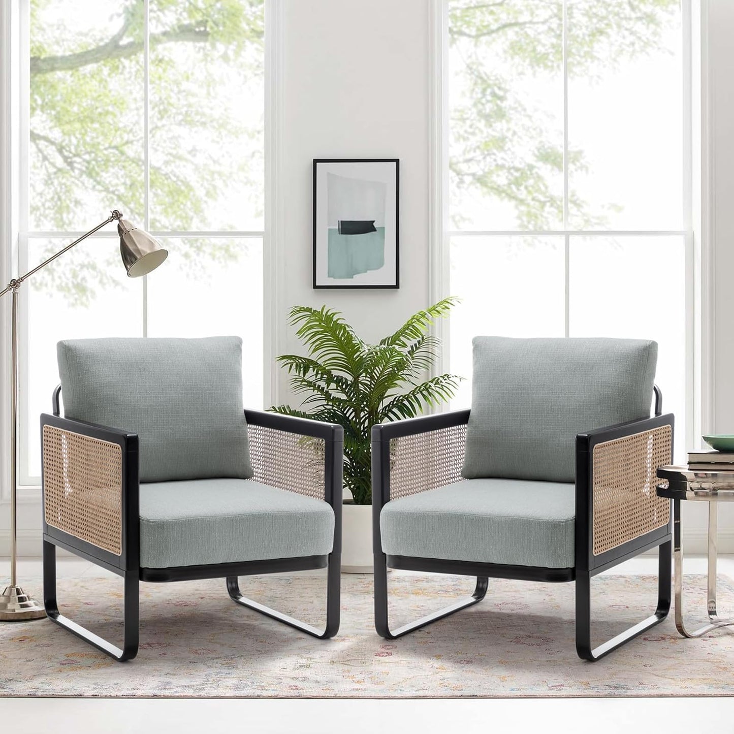 WENTMENT Rattan Accent Chairs Set of 2 Sofa Chair with Natural Rattan Armrest and Removable Backrest, Upholstered Living Room Chair Lounge Chair for Reception Room/Hosting Room/Bedroom(Grey)