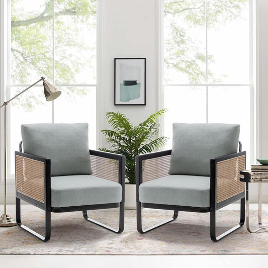 WENTMENT Rattan Accent Chairs Set of 2 Sofa Chair with Natural Rattan Armrest and Removable Backrest, Upholstered Living Room Chair Lounge Chair for Reception Room/Hosting Room/Bedroom(Grey)