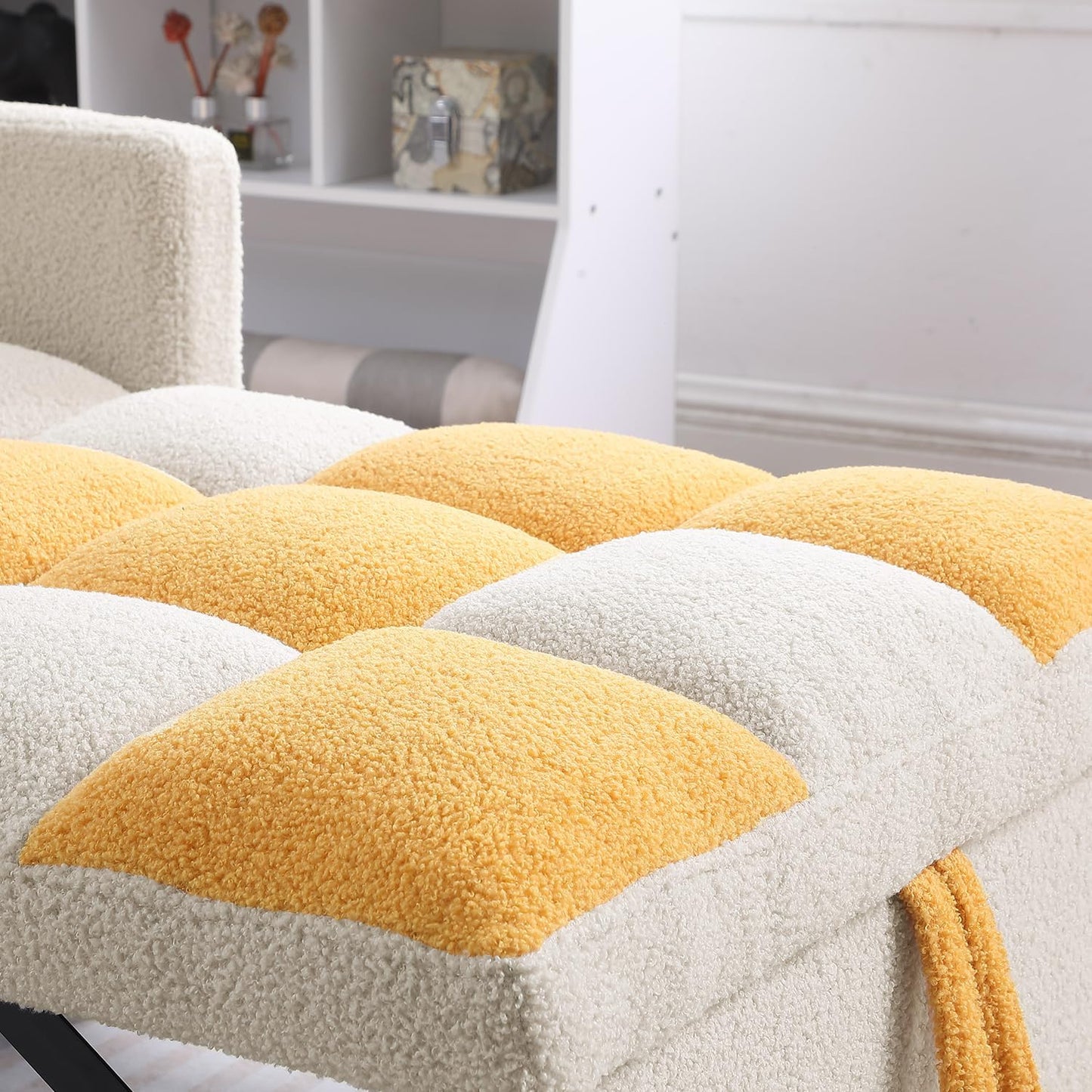 Sleeper Chair Bed Multi-functional Convertible Chair Sleeper Teddy Fabric Adjustable Single Pull Out Sofa Bed with Lumbar for Studio,Dorm, Apartment, Bedroom,Office,Living Room (Beige&Yellow)