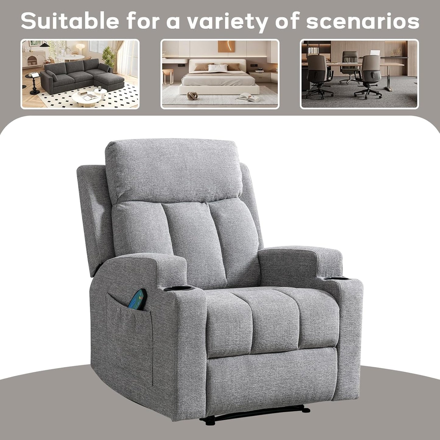 CANMOV Manual Recliner Chair with Massage and Heat,Soft Fabric Recliner Chair with Overstuffed Armrest and Backrest, Manual Reclining Single Sofa with 2 Cup Holders, Side Pocket for Living Room,Grey
