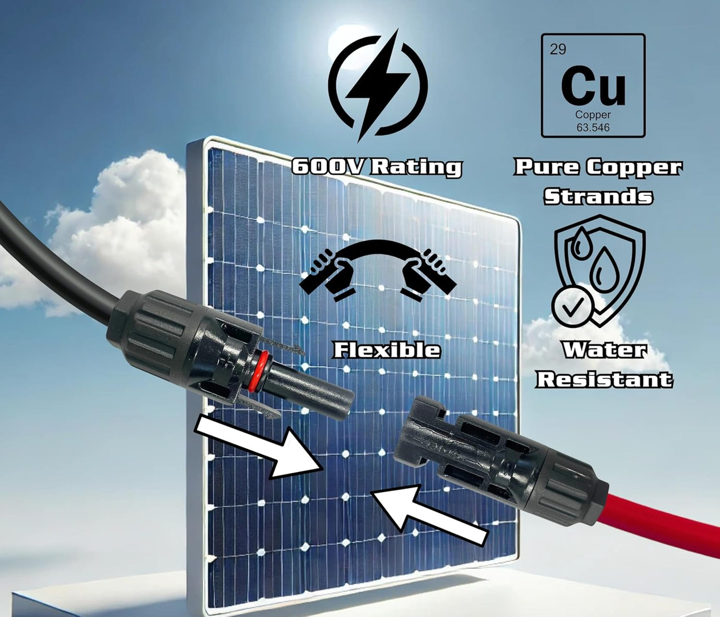 WindyNation 10 Gauge 10 AWG Pair 50 Feet Black + 50 Feet Red PV Photovoltaic Solar Panel Extension Cable Wire Solar Connectors