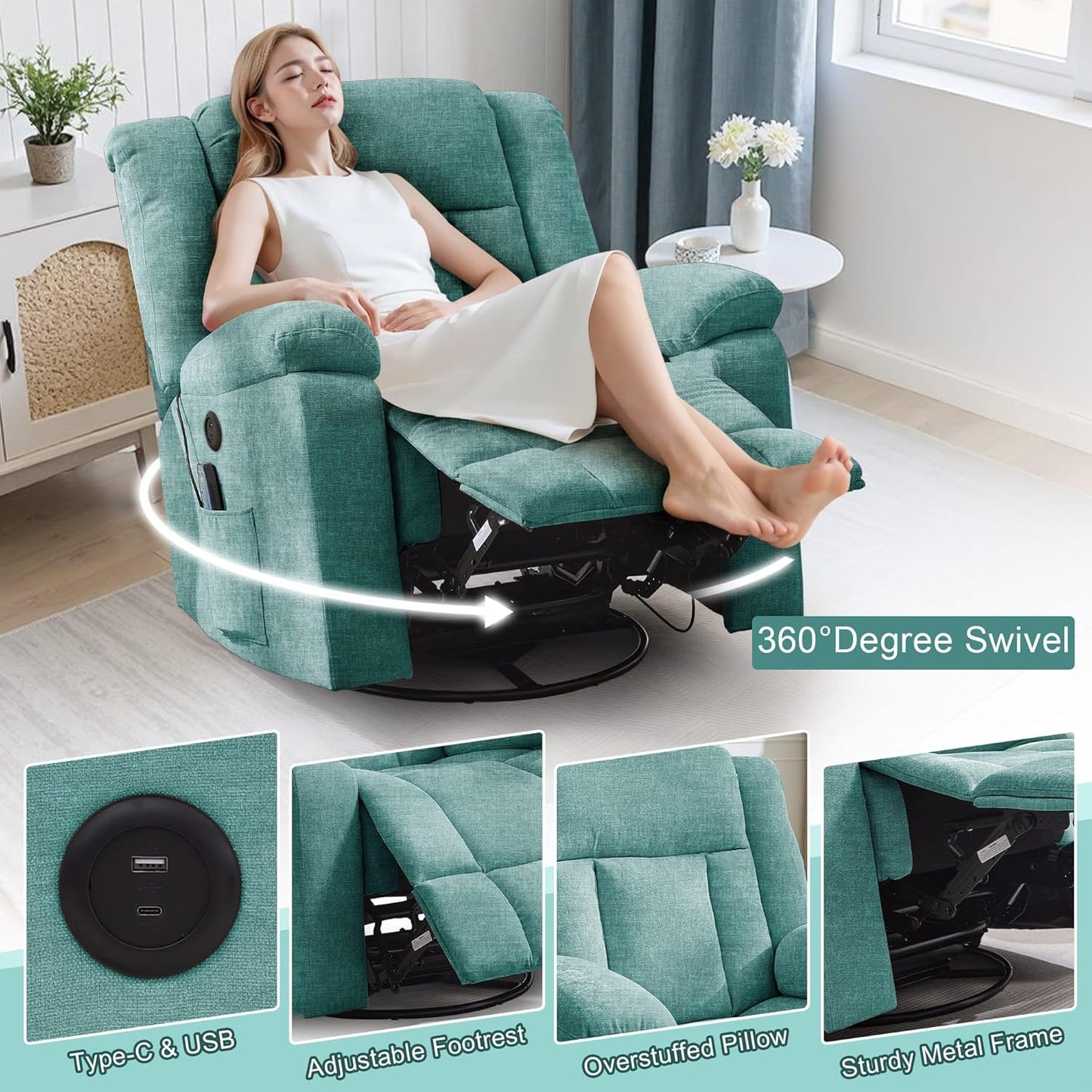Rocker Recliner, Glider Recliner Chairs for Adults, 360° Swivel Rocking Chair with Massage and Heating, Nursery Chair with Storage and USB Charging for Living Room, Bedroom, Nursery