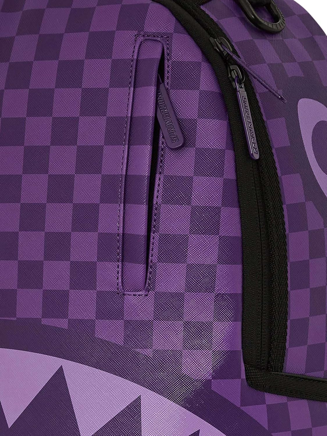 Sprayground Purple Shark Backpack, 18x6x11.5 Inches, Durable Water-Resistant Faux Leather, Laptop Compartment, Ergonomic Padding, Gold Hardware