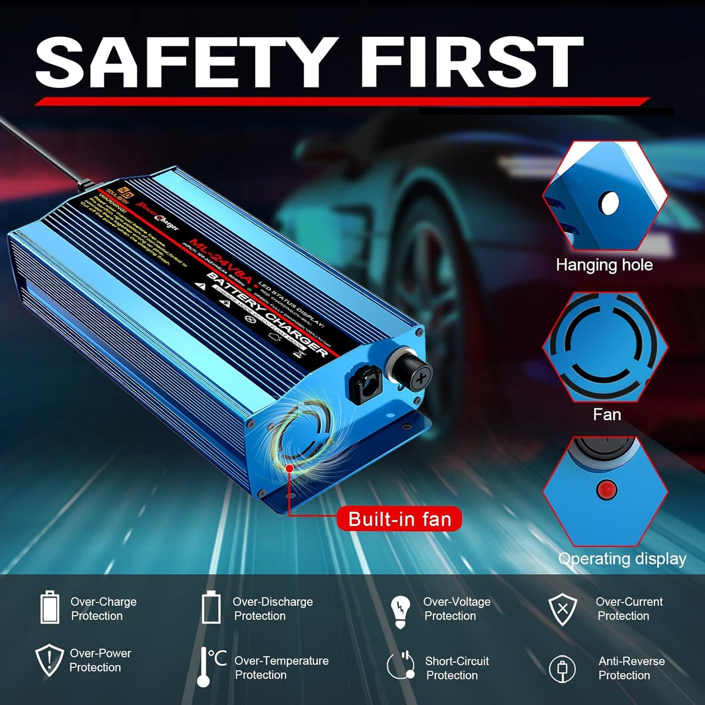 24V 8Amp Battery Charger, Automatic Smart Lead-Acid Battery Trickle Charger Maintainer with XLR Connector for Wheelchair, Sealed AGM Battery,Car Boat,Lawn Mower