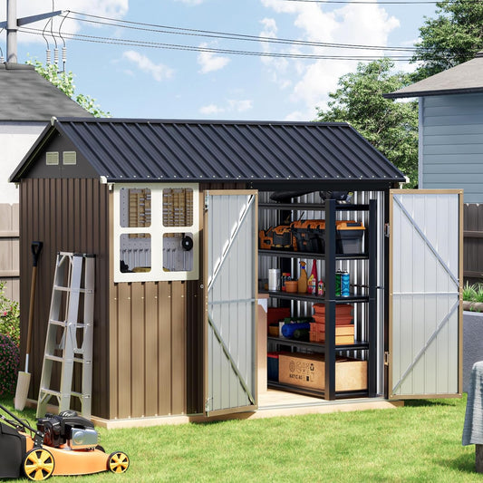 8x6 FT Outdoor Metal Storage Shed with Floor Frame, Double Doors, 1 Clear Window, Tool Shed for Garden, Patio, Backyard Brown
