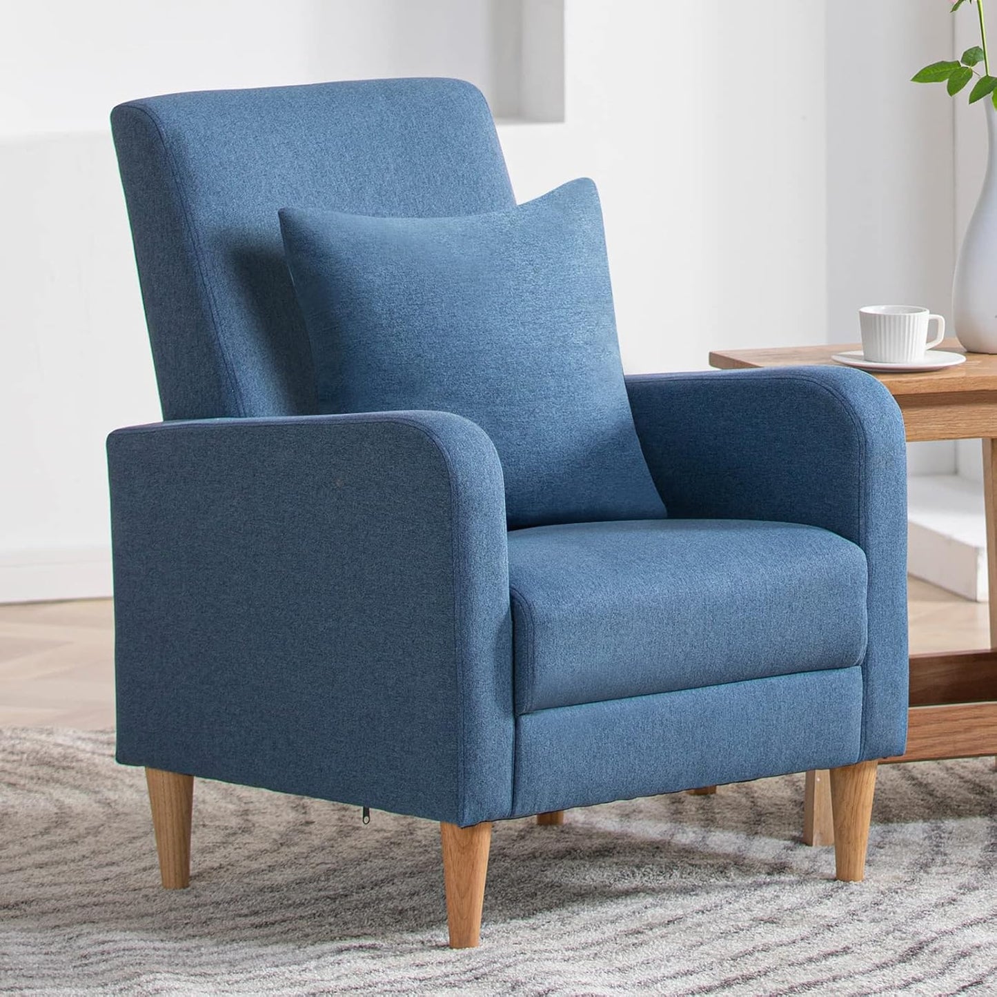 COLAMY Fabric Accent Living Room Chairs Set of 2, Upholstered Arm Chair Reading Side Chair, Single Sofa with Back Pillow and Wood Legs, Blue