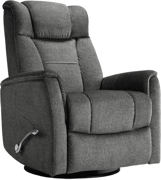360° Swivel Rocking Recliner, Manual Comfy Nursery Glider Rocker Chair for Indoor Bedroom, Upholstered Soft Fabric Living Room Reclining Chair with Lumbar Support for Adults (Dark Gray)