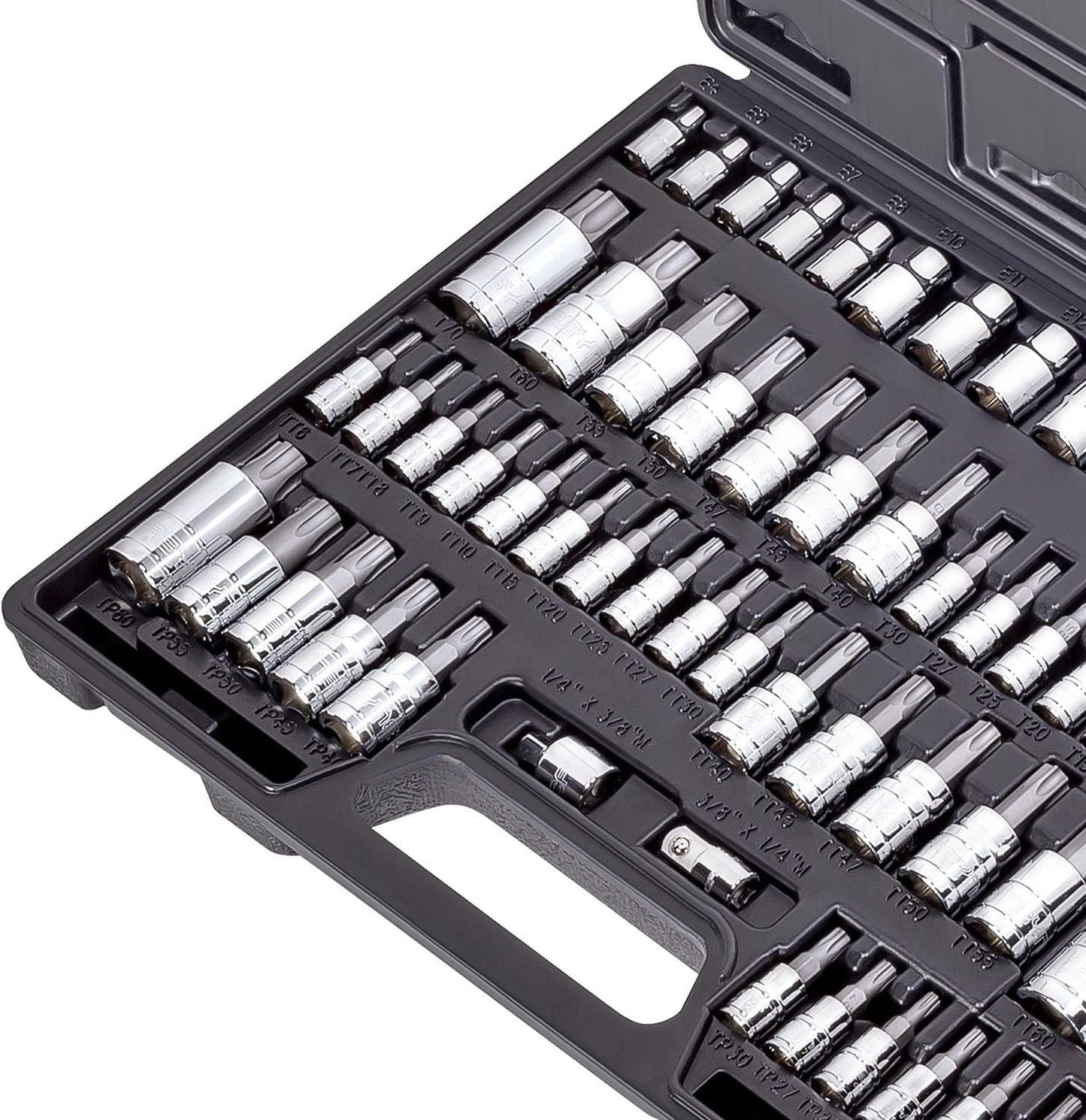 CARBYNE 62-Piece Master Torx Bit Socket Set & External (eTorx) Socket Set, Includes T6 - T70, TT6 - TT70, TP8 - TP60, E4 - E24| S2 Steel Bits, Cr-V Sockets, Durable Case | 1/4, 3/8, & 1/2 in. Drive