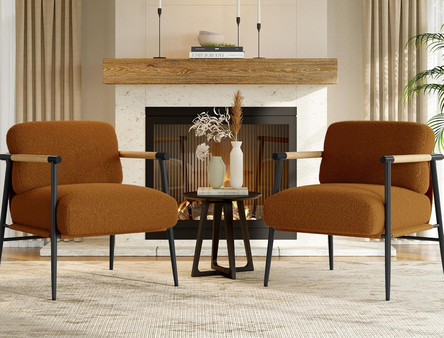 Brown Comfy Chair Set of 2, Modern Accent Chair with Metal Frame Wooden Armrest, Cozy Reading Chair with Soft Cushion for Bedroom, Living Room, Brown Set of 2