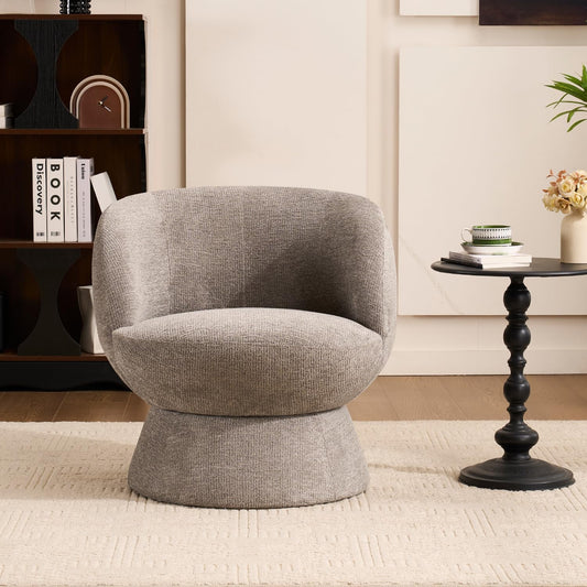 360° Swivel Accent Chair, Upholstered Modern Lounge Sofa with Curved Hemming Arms, Barrel Vanity Chair for Living Room Bedroom and Dressing Room (Gray)