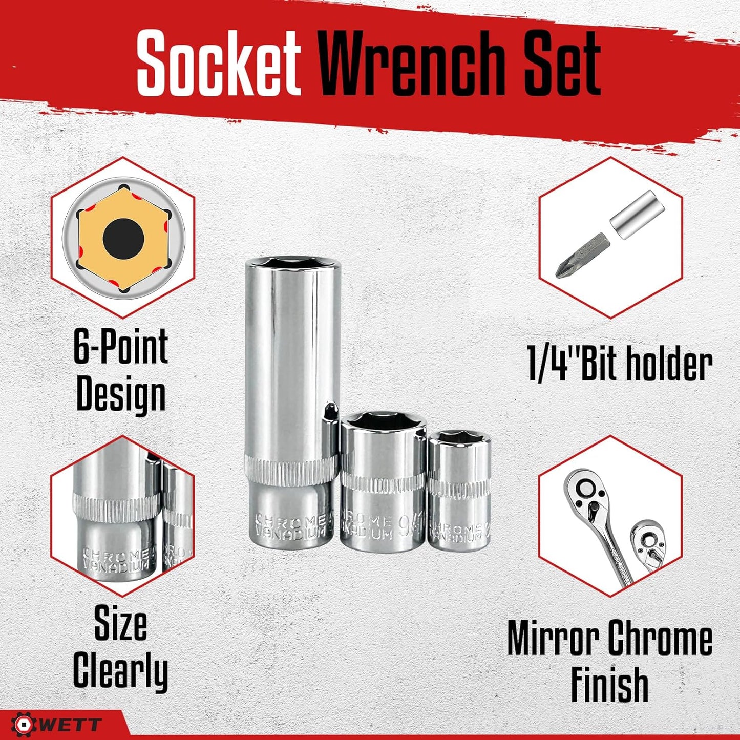 WETT 1/4" and 3/8" Drive Socket Set, 86-Piece Socket Wrench Set with Quick-Release Ratchet, Extention Bar, Adapter, 1/4" Bits, CR-V Steel, Metric/SAE, Deep/Shallow, Mirror Chrome Finish