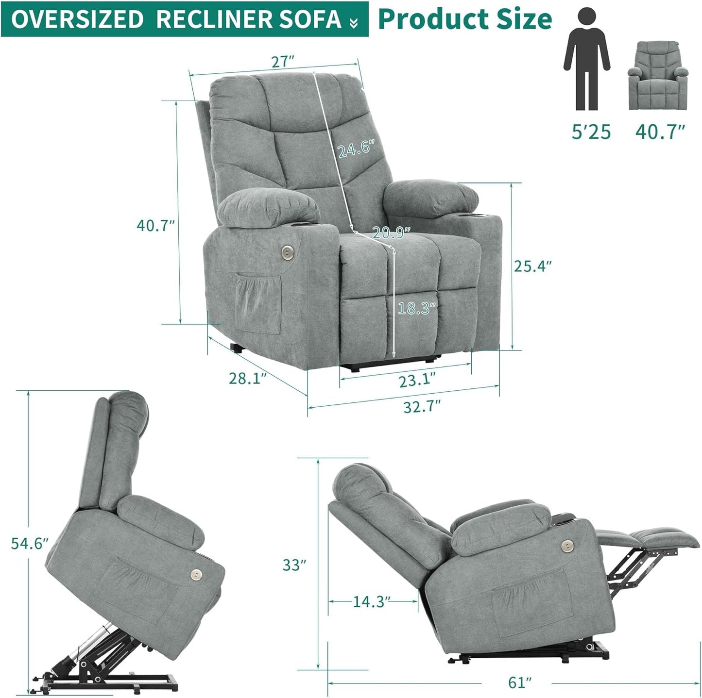 YITAHOME Power Lift Recliner with Massage and Heat, Fabric Recliner Chair with USB Ports and Side Pockets, Remote Control and Two Cup Holders, Suitable for Living Room, Grey3