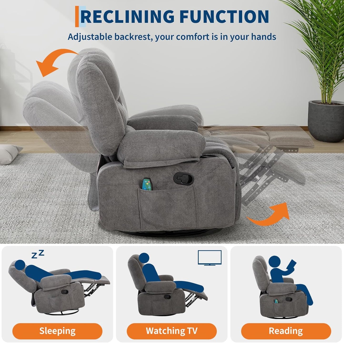 360° Swivel Recliner Chair with Heat ＆ Massage, Widen Overstuffed Single Sofa Lounge Chair with Side Pockets Cup Holders for Living Room,Bedroom, RV, Gray