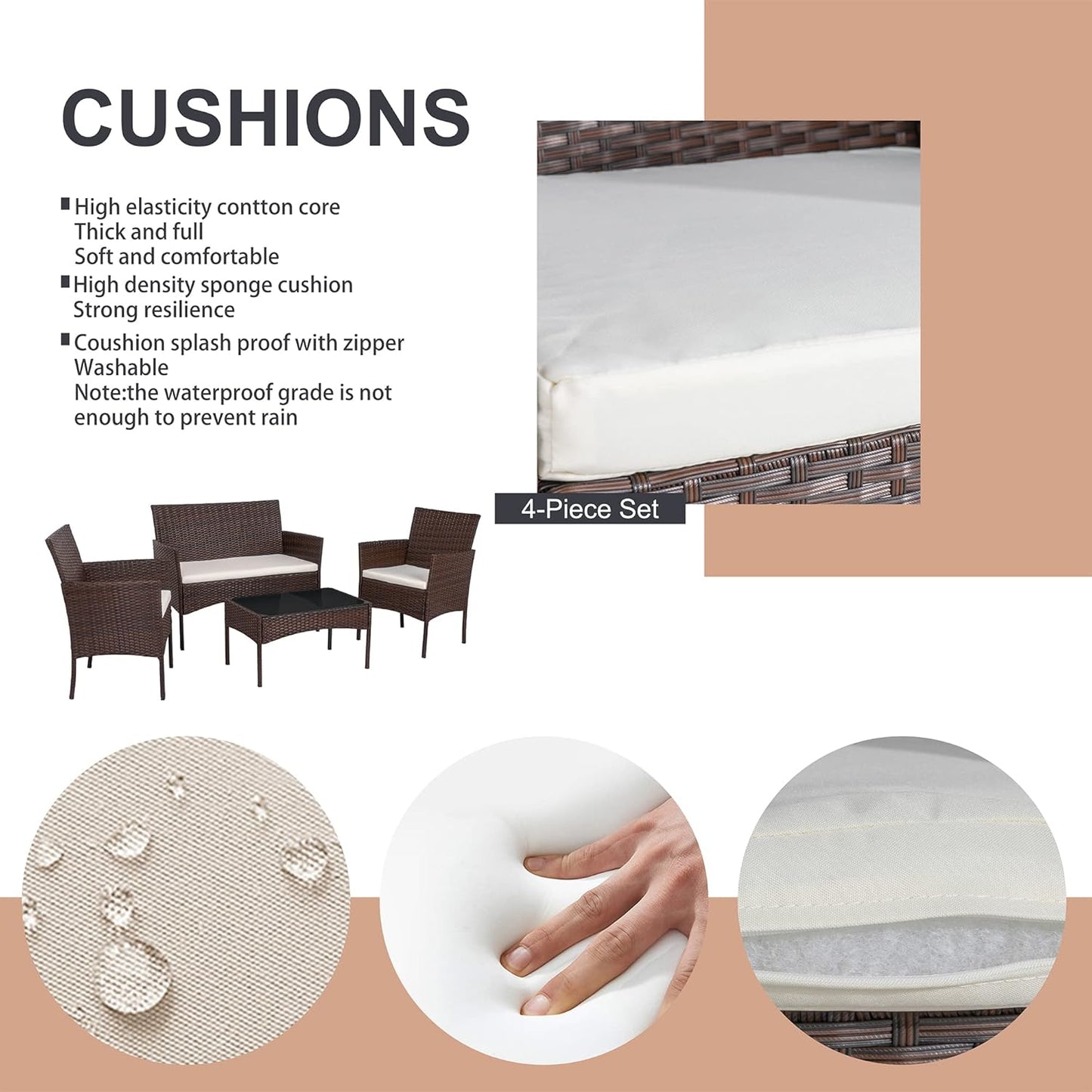 Shintenchi 4 Piece Outdoor Patio Furniture Set, Wicker Rattan Patio Conversation Set, Outdoor Chairs and Loveseat with Coffee Table for Porch, Yard & Poolside (Brown)