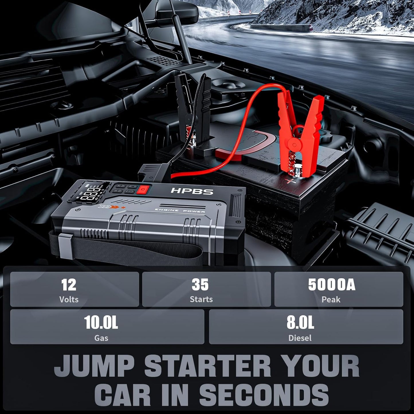 Car Jump Starter with Air Compressor, 5000A Portable Jump Starter Car Pack with 150PSI Tire Inflator for Up to 10.0L Gas and 8.0L Diesel Engines, 12V Jump Starter Box with LCD Display