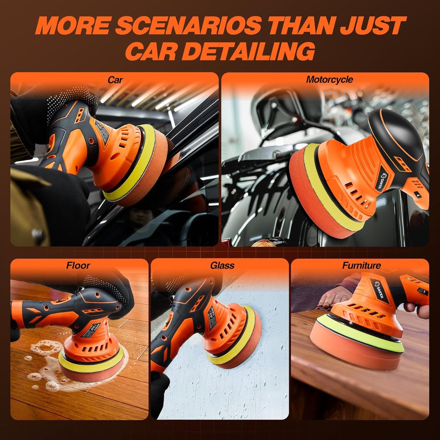 Saker Cordless Buffer Polisher, 6 Inch Fast Charging Portable Car Polishing Kit with 2PCS 12V 2000mAh Batteries, Polisher for Car Detailing Polishing Waxing (Orange, Buffer Polisher+2 Batteries+1 Bag)