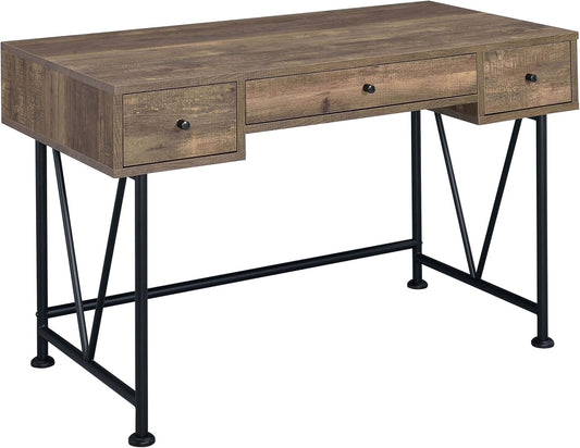 Coaster Furniture Analiese Farmhouse 3 Drawer Home Office Writing Desk Black Metal Base Rustic Oak Brown 802541