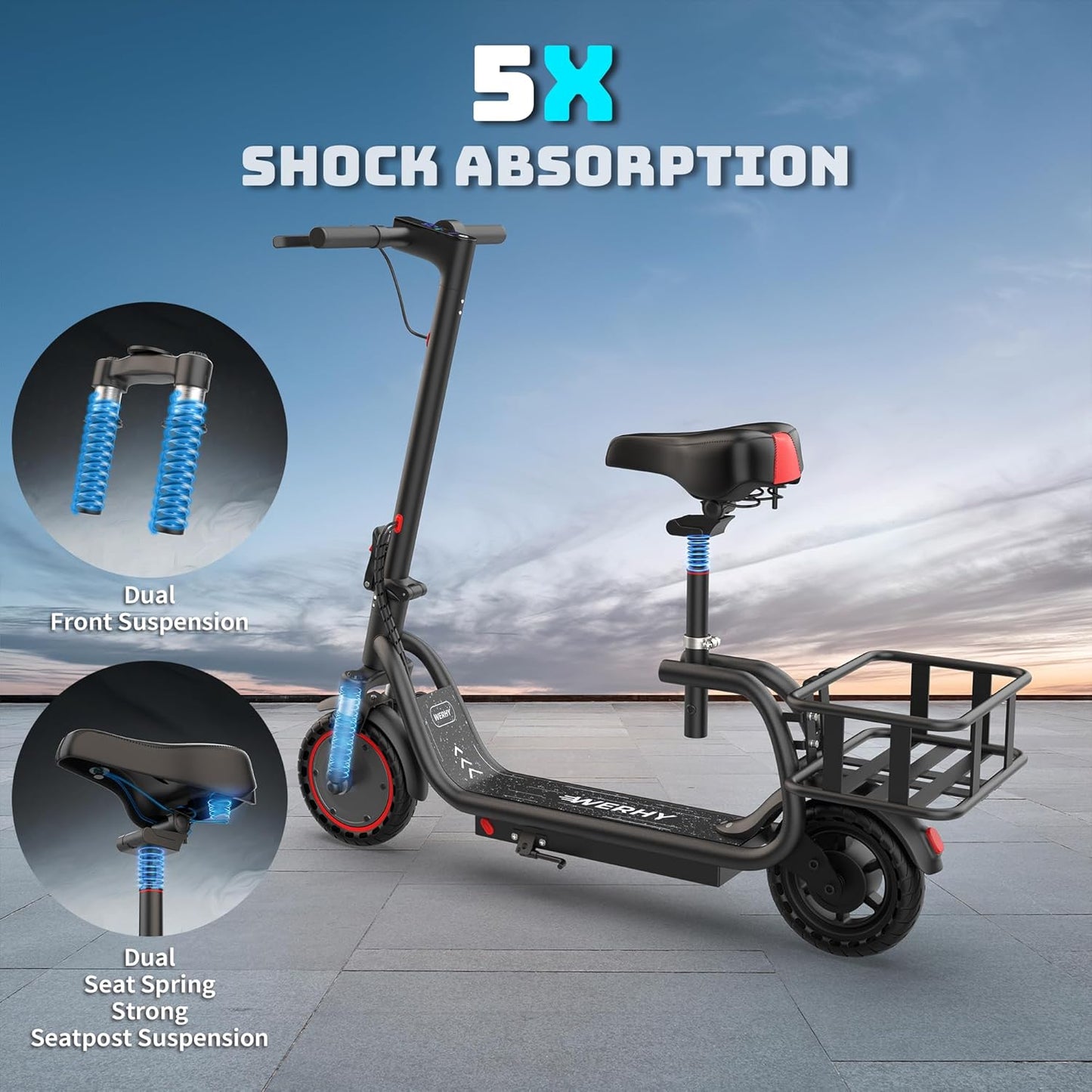 WERHY Electric Scooter with Seat & Basket, 350W Motor, 8.5'' Solid Tires, Top Speed 19mph, Max 16/27 Miles Ranges, Foldable E-Scooter with Suspension, Digital Display