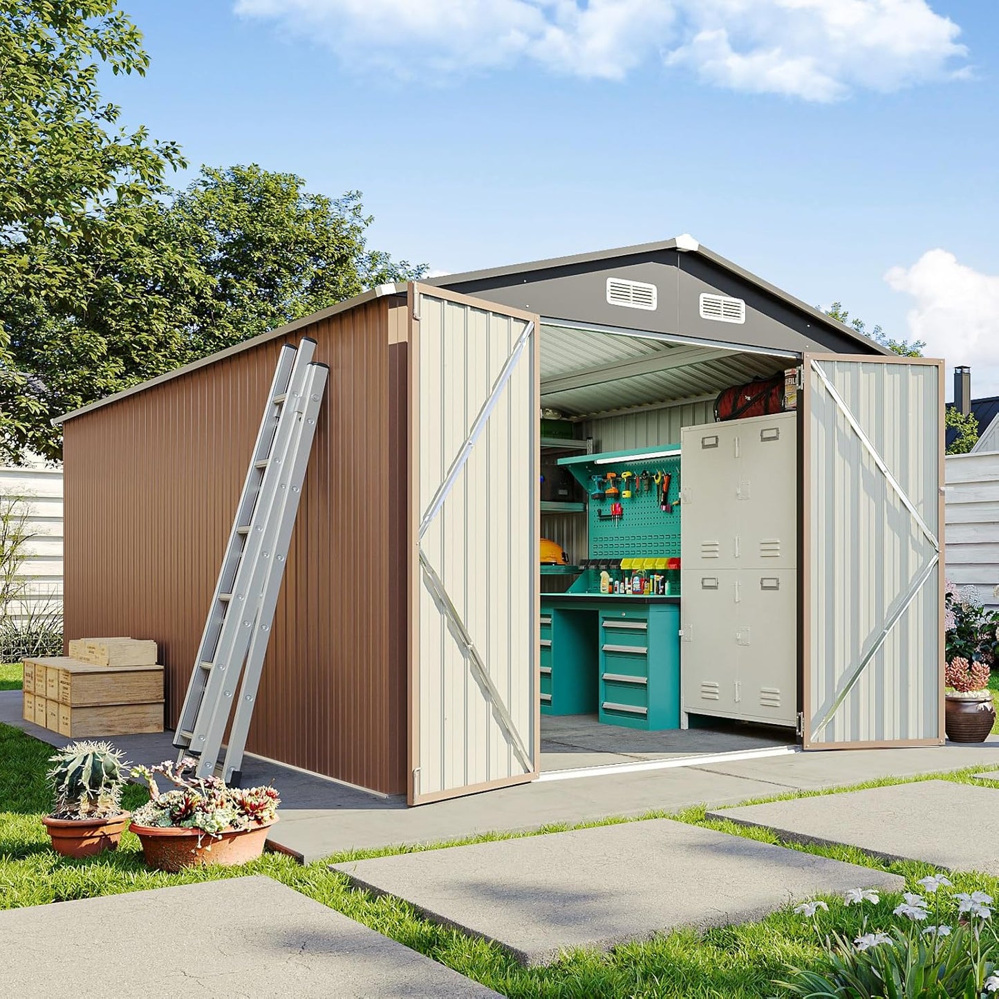 8'x4' Shed Galvanized Steel Storage Sheds with Triple Doors Utility Sheds for Vertical Storage, Dual Lock Lean to Shed with Sloped Roof for Mower, Bike, Garden Tools (Black)