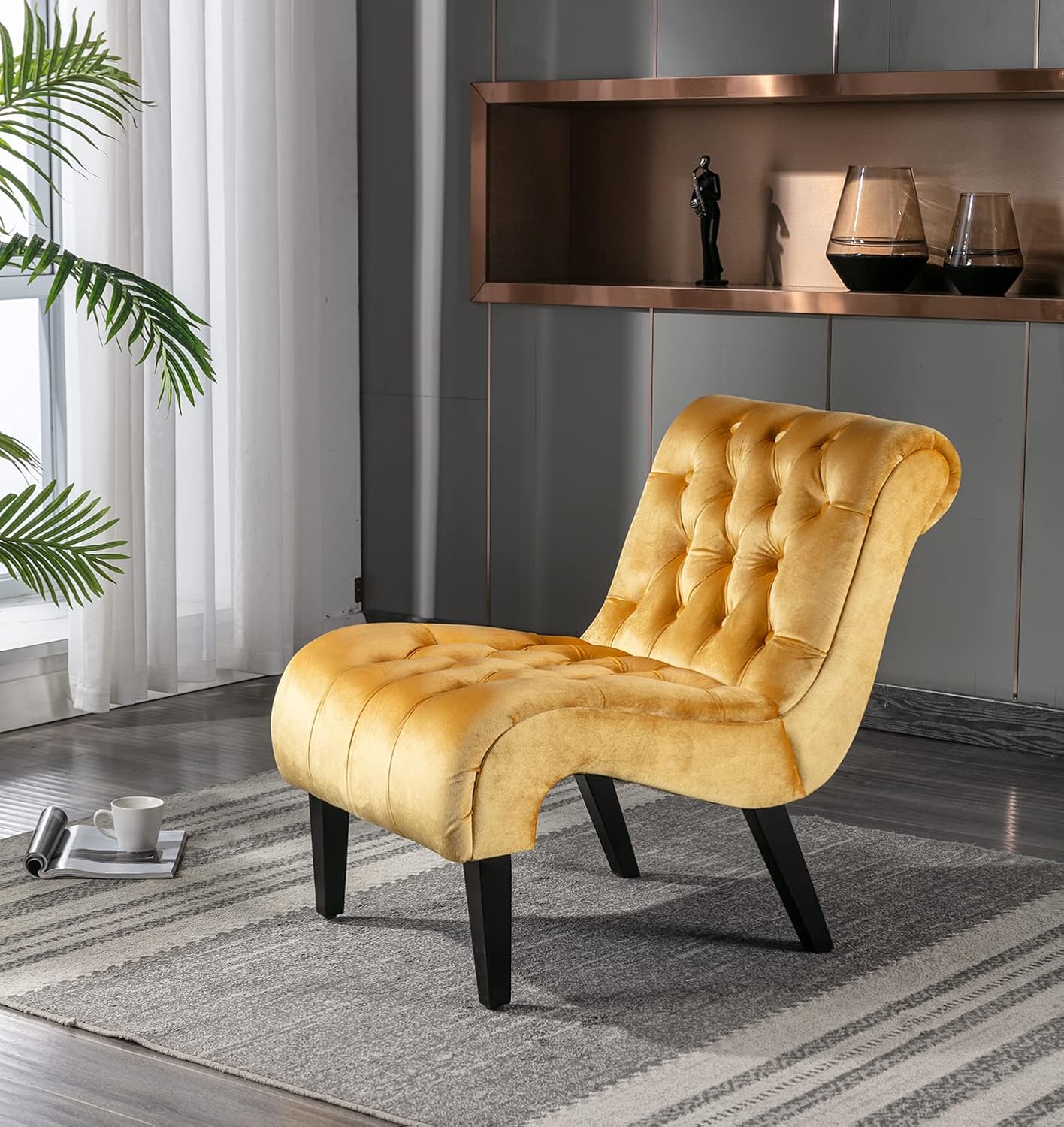 Comfy Velvet Accent Chair Set of 2, Upholstered Armless Side Chair for Living Room, Modern Small Lounger with Tufted Back and Rolled Edge Design, Comfy Chaise Lounge with Rubber Wood Legs, Beige