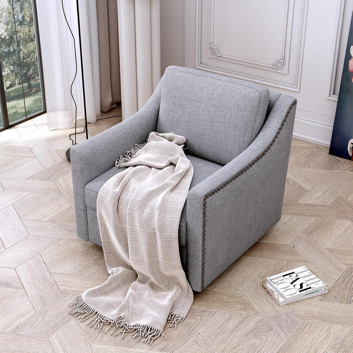 360 Degree Swivel Armchair Cotton Linen Fabric Ergonomic Design Brass Nail Decorative Armchair Living Room Chairs Bedroom Chairs (Gray)