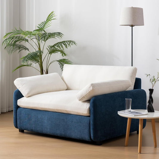 50*43" Oversized Chenille Single Sofa Chair, Wide and Deep Seat Accent Chair, Modern Upholstered Comfy Armchair, Color Blocking Couch Lounge with Pillows for Living Room,Apartment,Bedroom, Blue+Cream