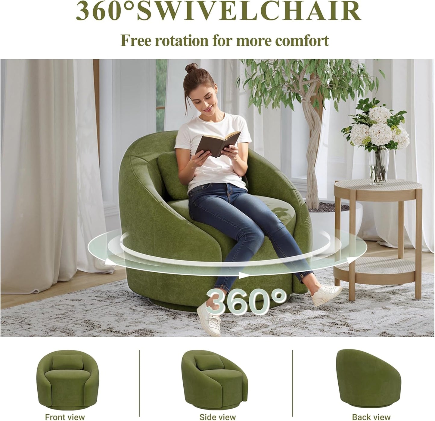 COLAMY 360°Swivel Accent Chairs, Mid-Century Modern Upholstered Chairs with Metal Base and Lumbar Pillow for Living Room, Bedroom, Home Office, 300 lbs Capacity,Green