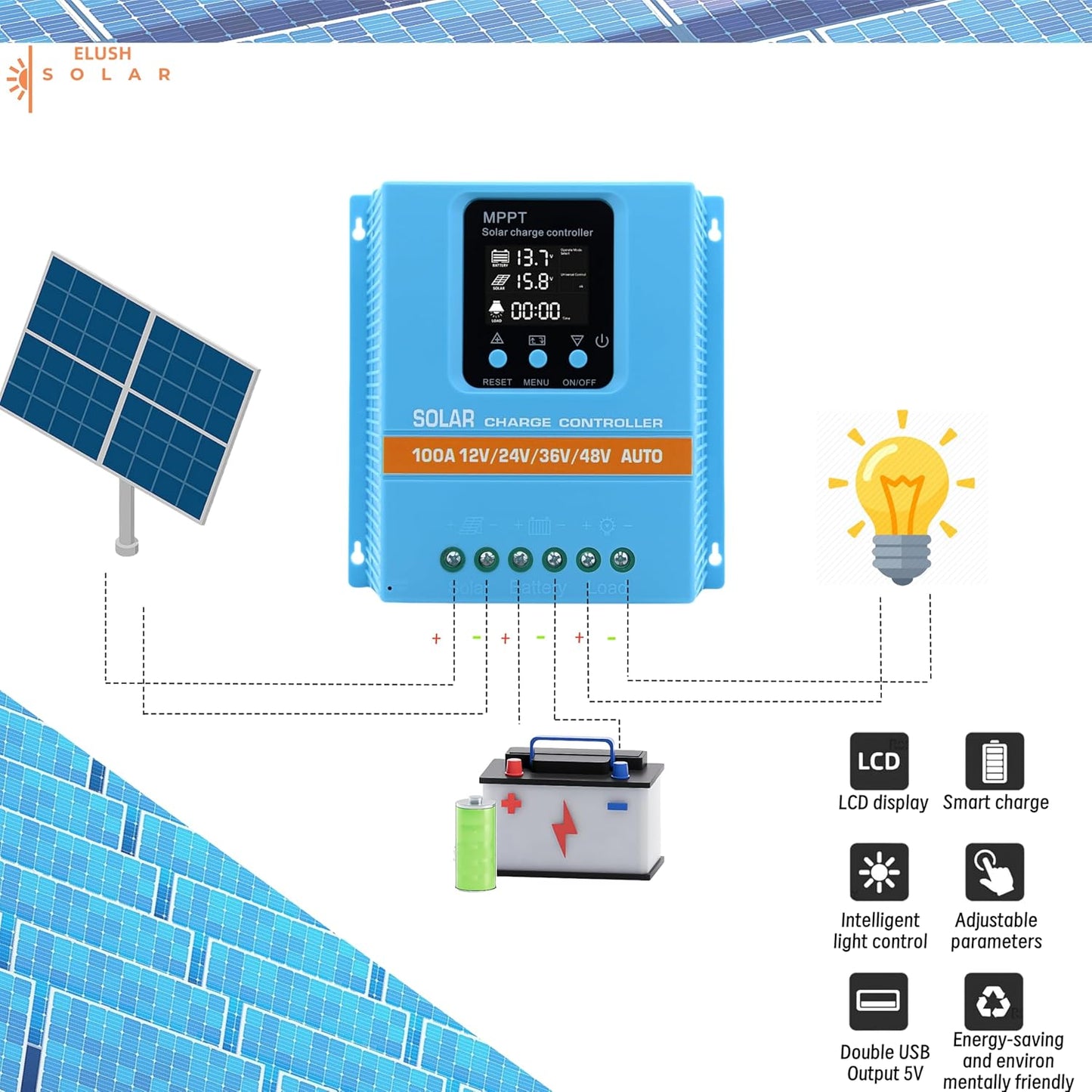 Upgraded 100A MPPT Solar Charge Controller 12V 24V 36V 48V LCD Display Battery Intelligent Regulator Max 100V Input Dual USB for Lead-Acid/Lithium