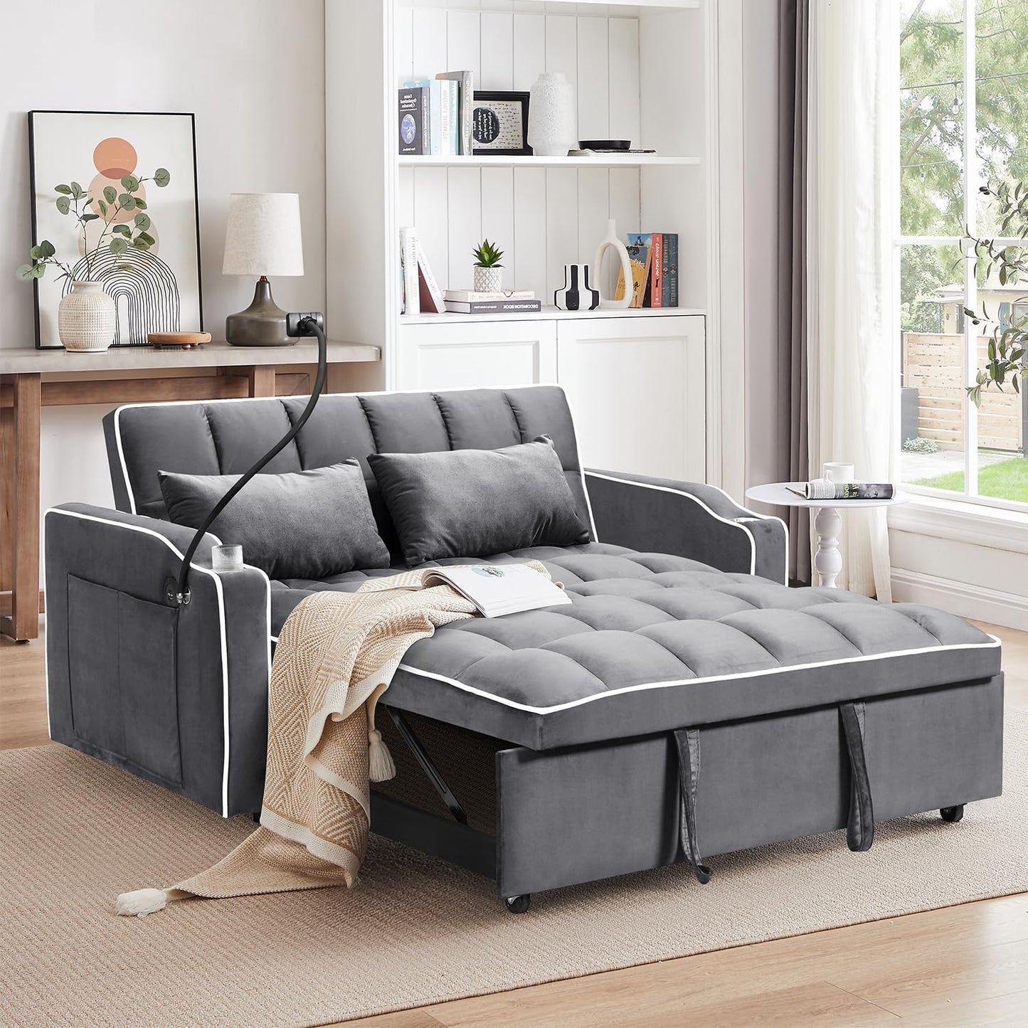 3 in 1 Sleeper Sofa Chair Bed,Velvet Convertible Sleeper Chair,Pull Out Bed Chair with USB Port & Ashtray and Swivel Phone Stand & Storage Pockets,Modern Chair for Living Room