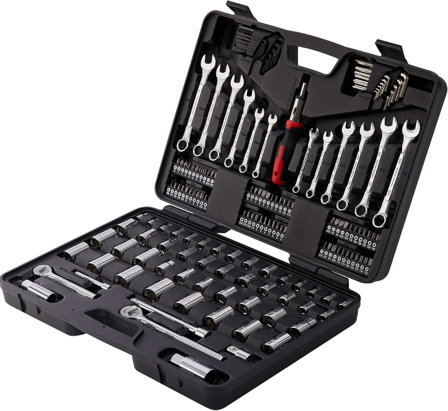 161Piece Mechanic Tool Set, 1/2", 3/8" &1/4" Drive Metric & Standard Socket Wrench Kit for Home, Car, Mechanics, Automotive Repair and as A Gift